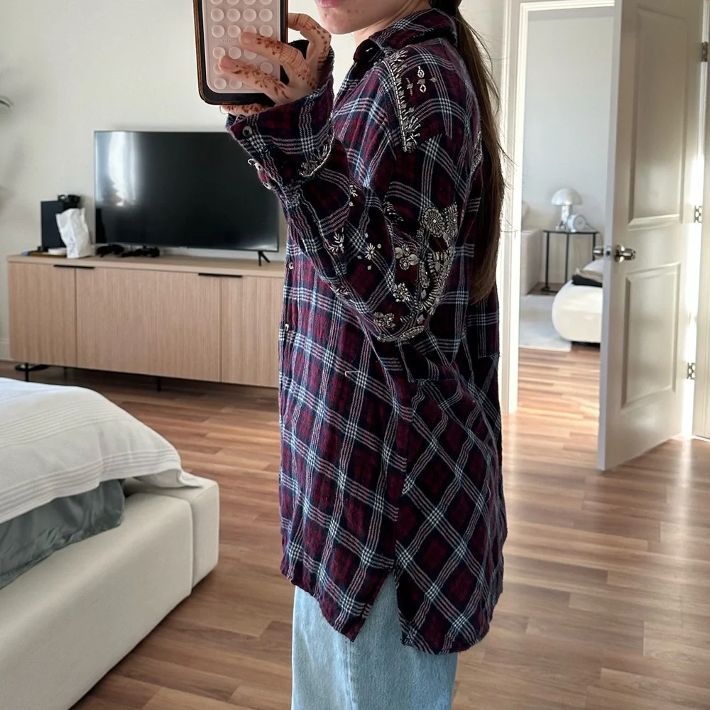 Free People Silver Sequin Plaid Button-Up Shirt - Picture 2 of 11